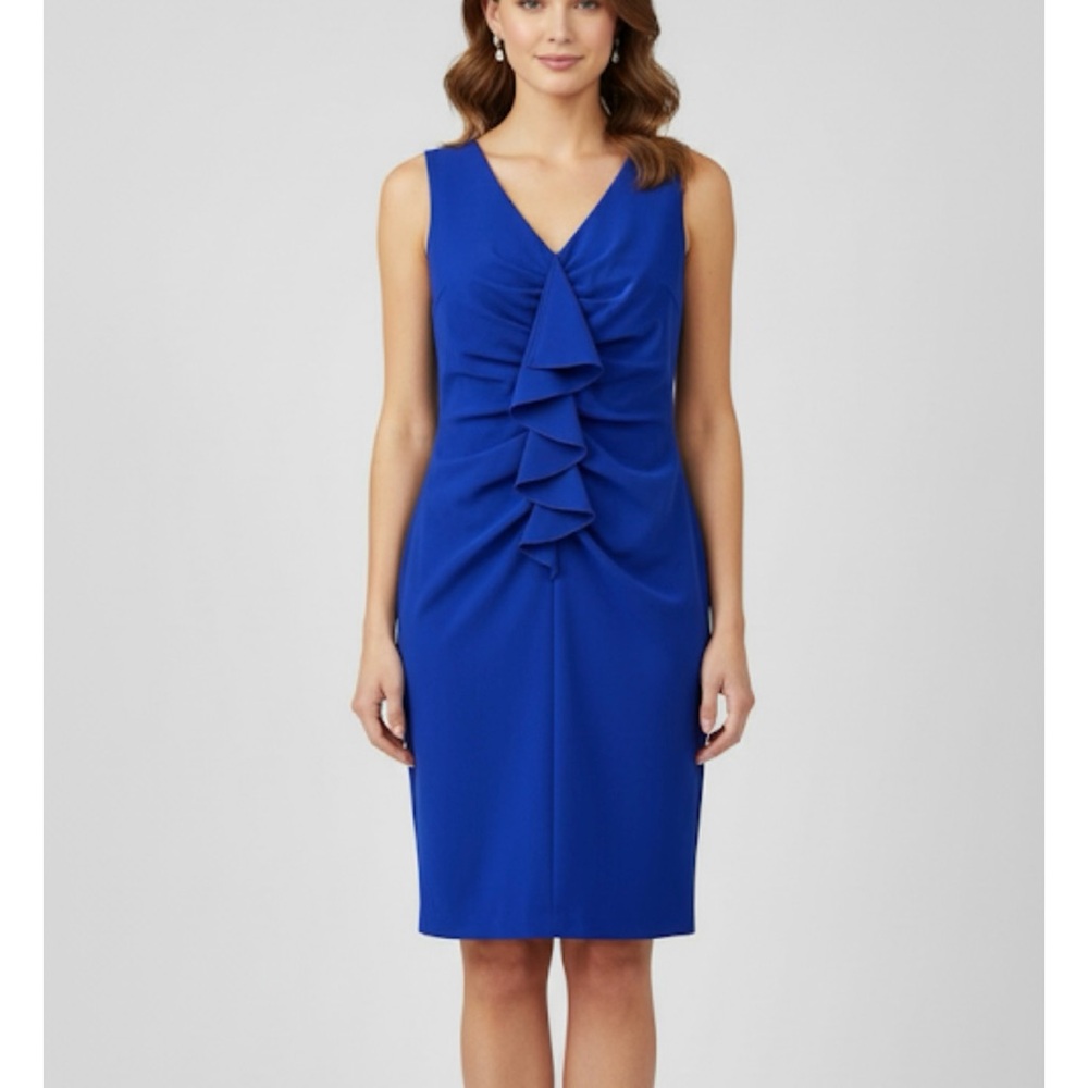 Calvin Klein Royal Blue Ruffle V Neck Sleeveless Shift Dress Size 6